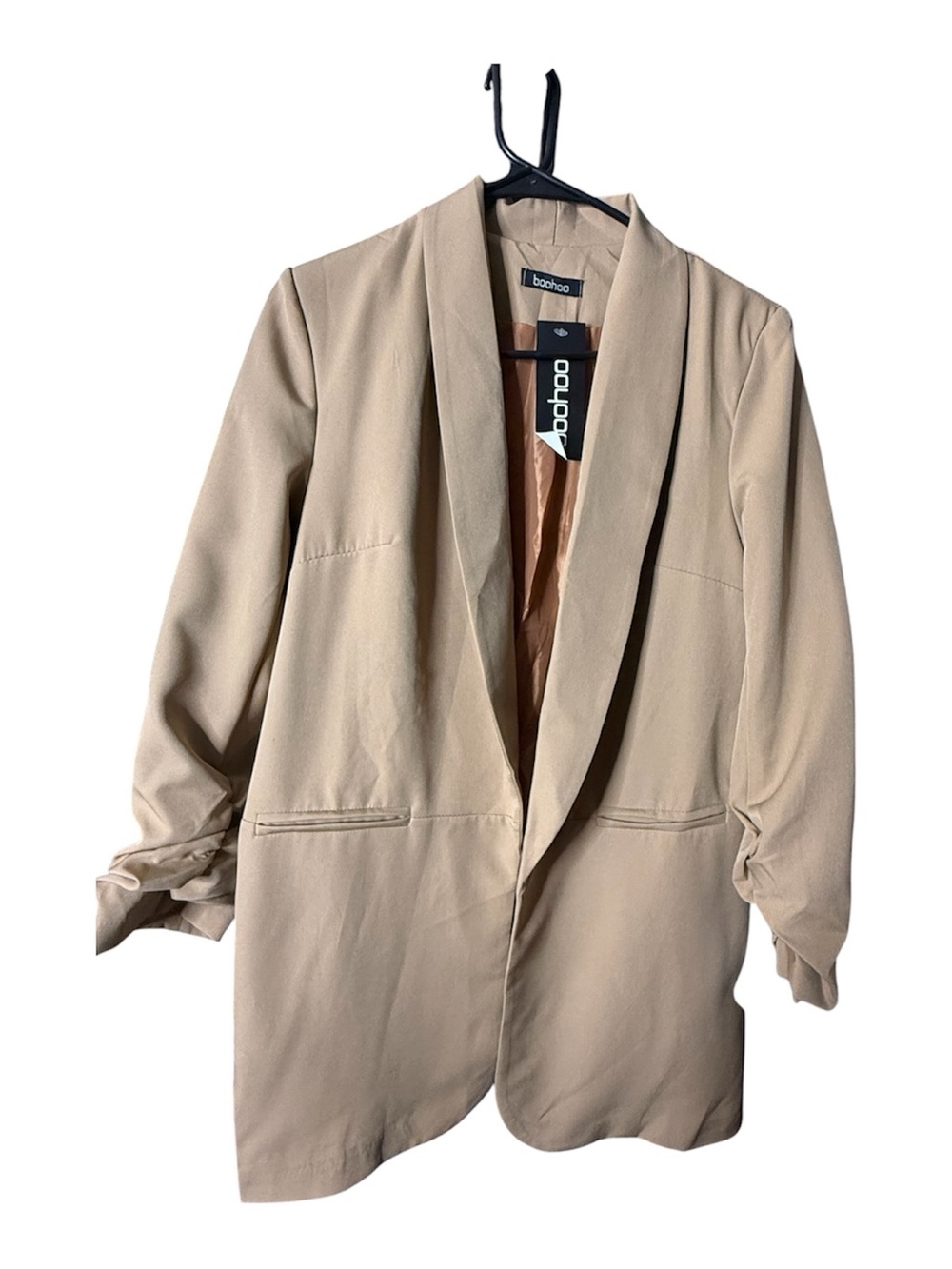 Boohoo Women’s Beige Open Front Blazer Ruched Sleeve Jacket Size M NWT - Picture 2 of 4
